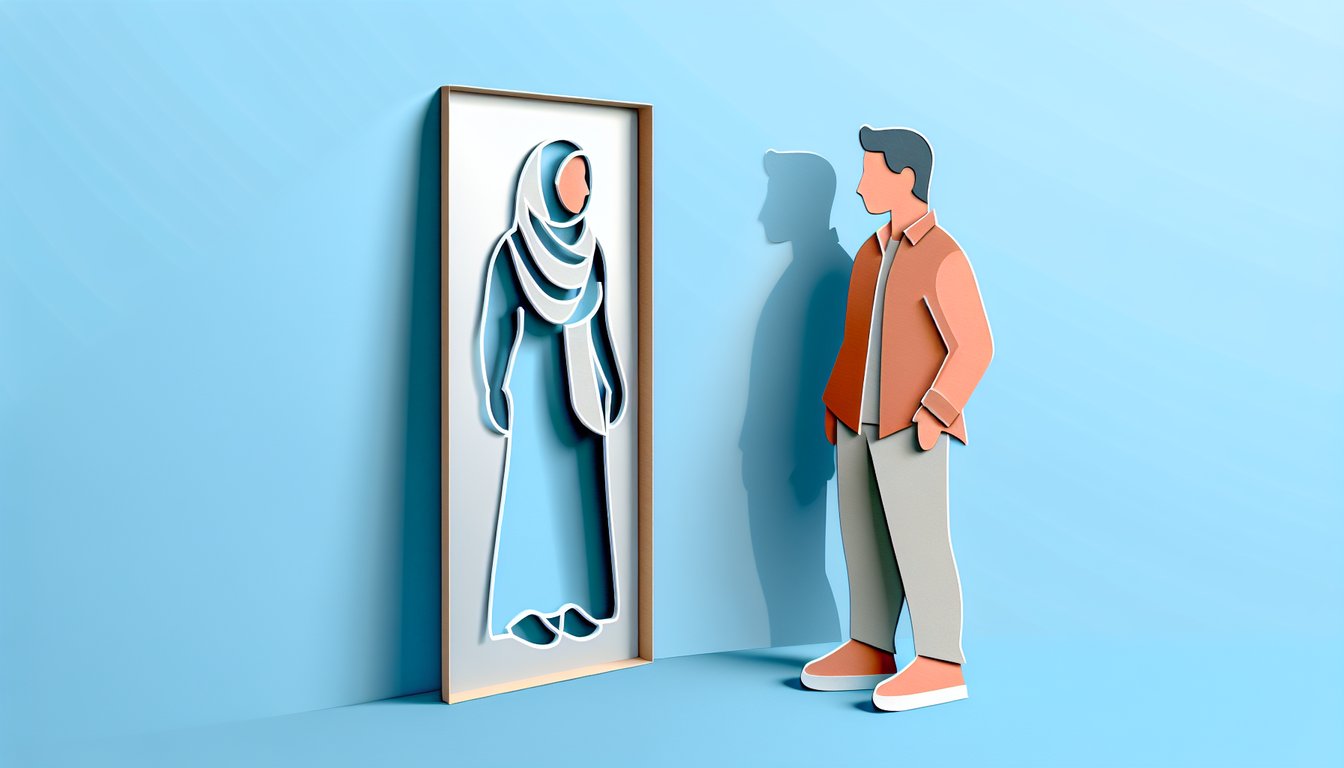 Paper art illustration of overlapping shapes on a sky blue background for a quiz revealing five types of impostor syndrome