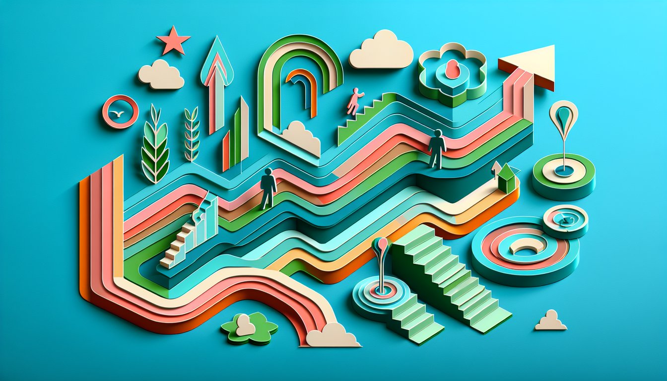 Paper cut icons of arrows trophy lightbulb and target symbolize success archetype quiz on teal background