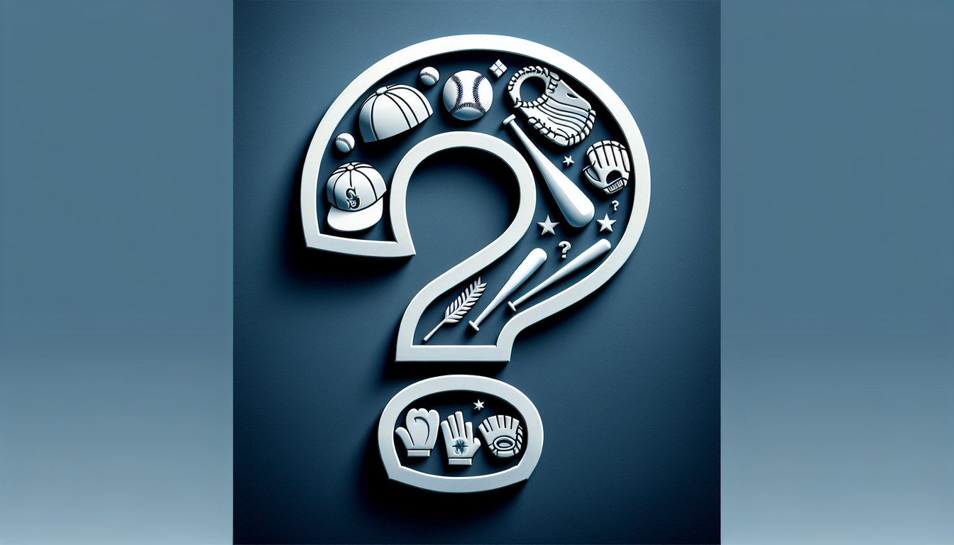Paper art illustration with baseball glove bat ball Mariners logo quiz text on dark blue background
