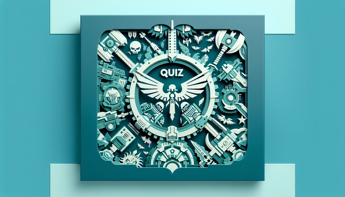 Paper art illustration of Warhammer 40k faction symbols on teal background for traits matching quiz