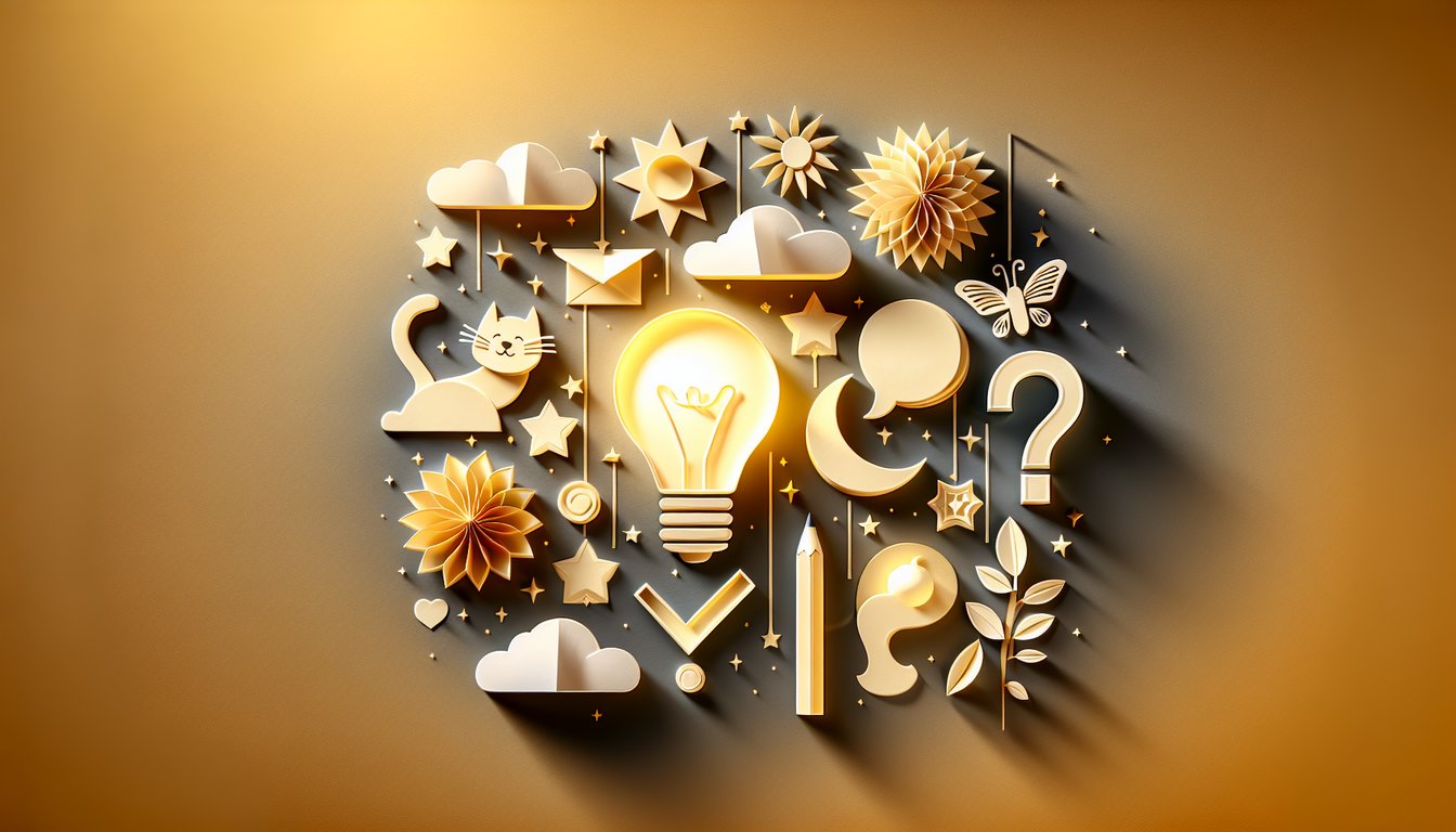 Paper art illustration with question mark pencil open book and playful rhyming words on golden yellow background.