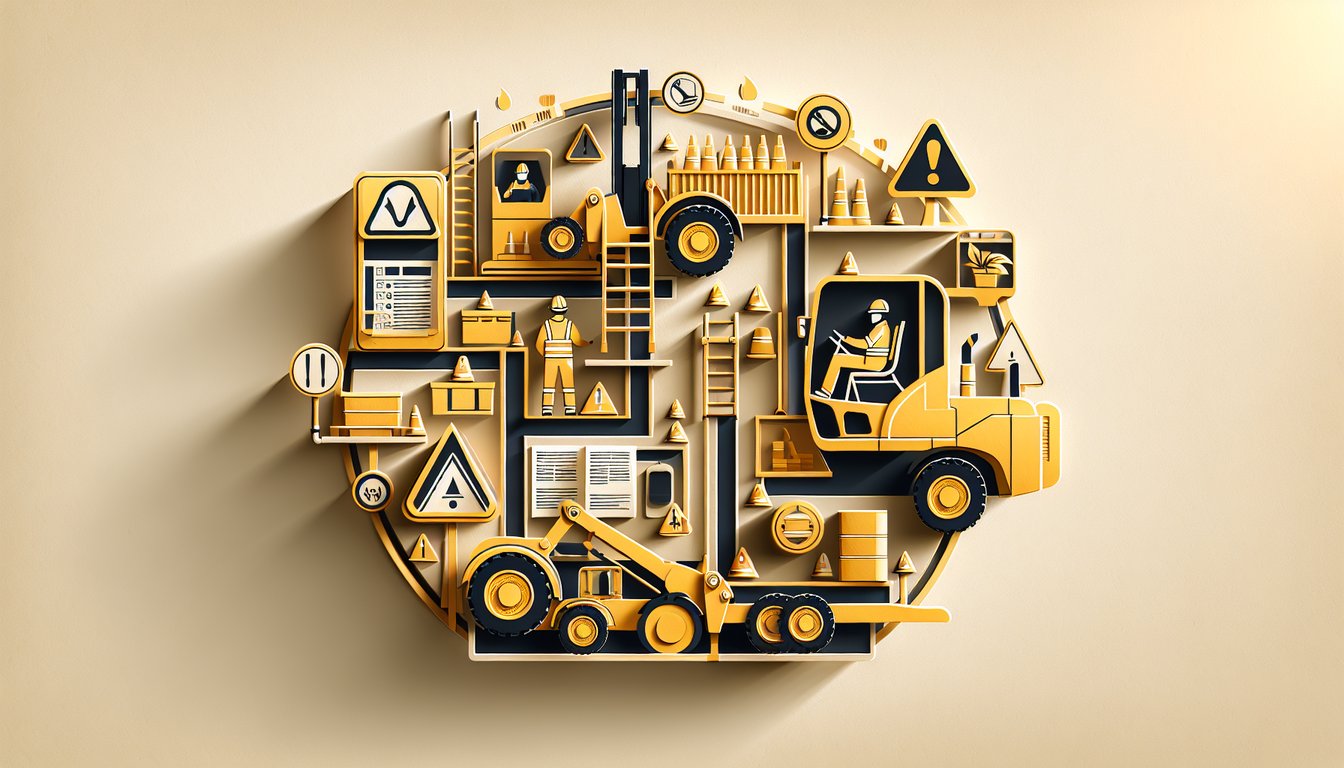 Paper art of telehandler with hazard spotting safe operation compliance icons on golden yellow background for safety quiz