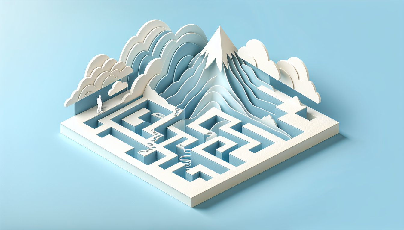 layered paper clouds on sky-blue background hands reaching upward evoke spiritual distance and hope