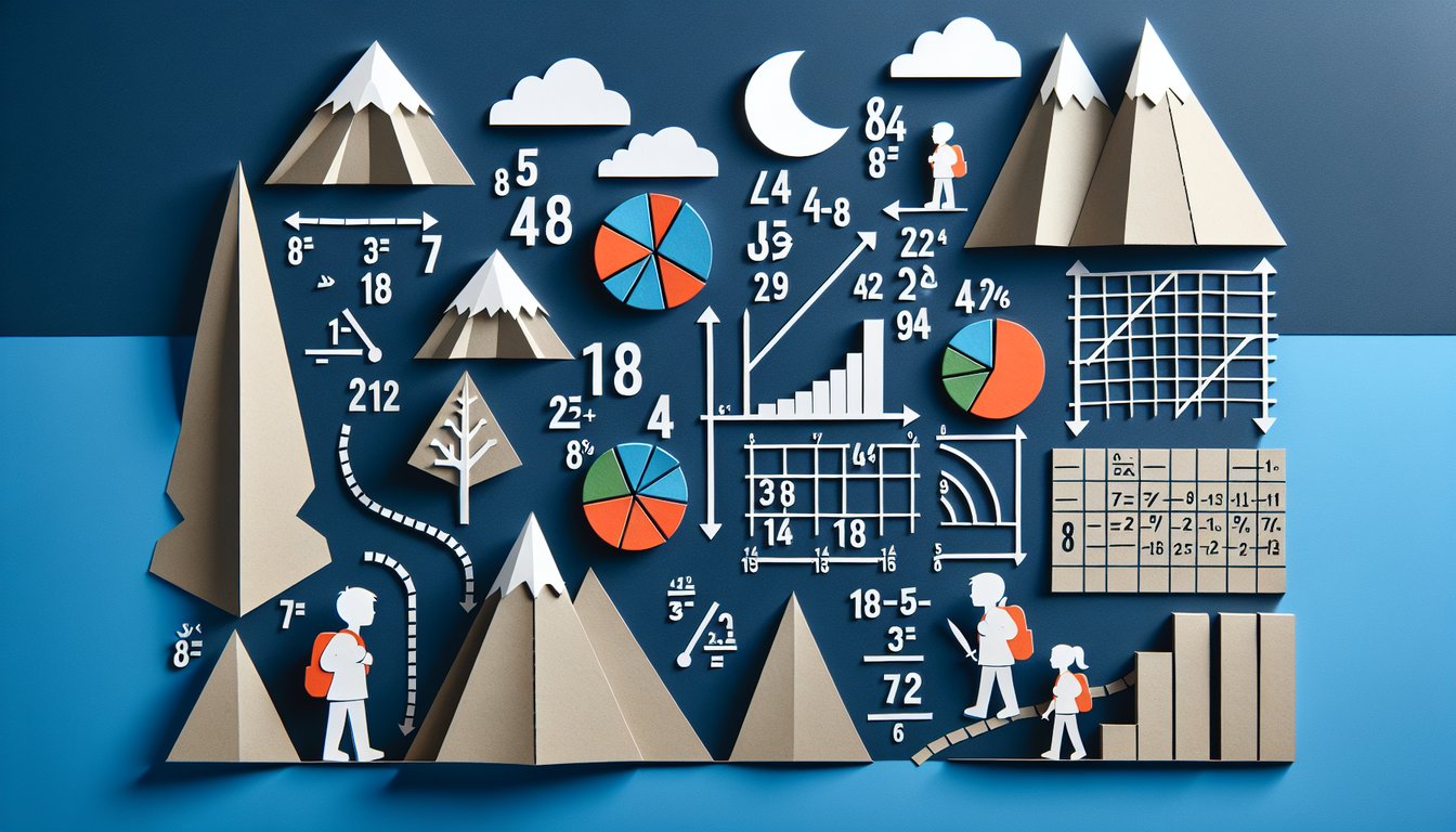 Colorful paper art promoting Fractional Area Adventure, a math quiz for grades 4-6.