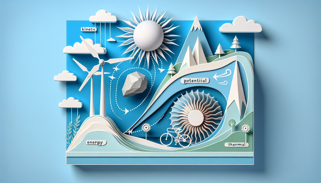 Paper art of lightbulb solar panel wind turbine droplet representing kinetic, potential, thermal energy on sky blue