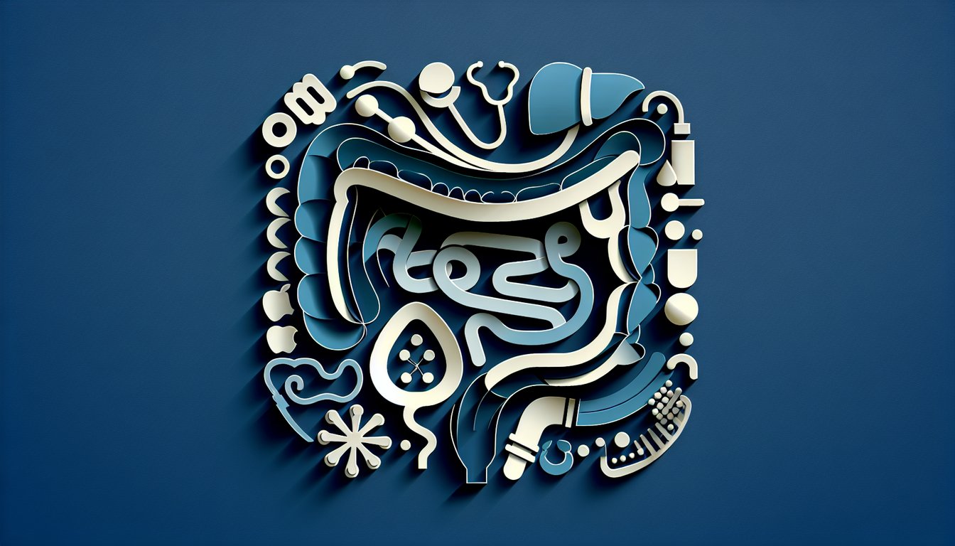 Paper art illustration of stethoscope intestine and test papers on dark blue background for GI NCLEX quiz