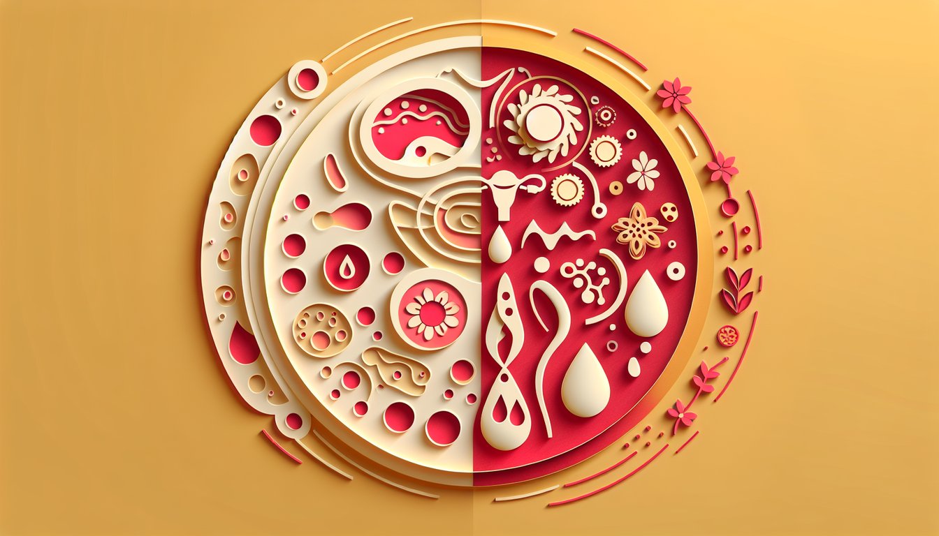 Paper art style uterus with blood drop icons for spotting vs period quiz on golden yellow background.