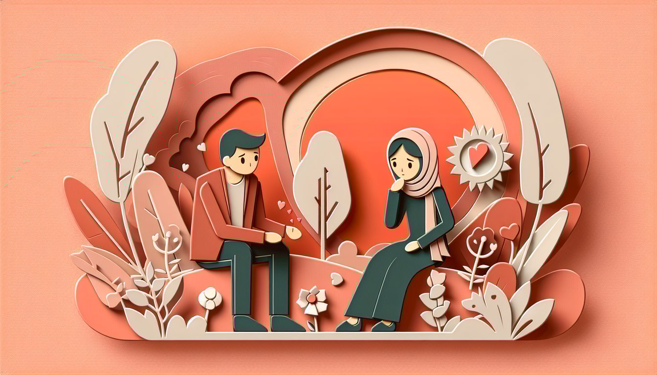 Paper art illustration for quiz on deciphering a shy guys feelings on a coral background