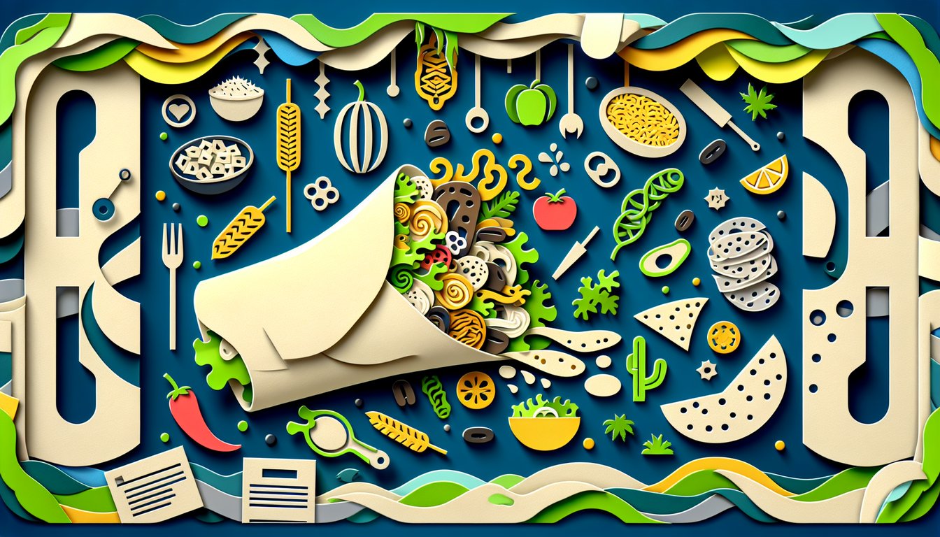 Paper art burrito trivia quiz on dark blue backdrop, tortilla filling cutout and National Burrito Day challenge