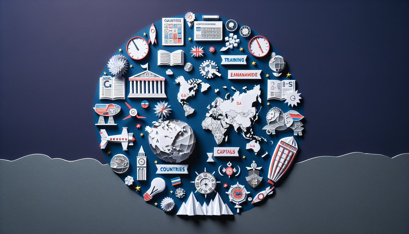Paper art representing a trivia quiz on matching countries with their capitals for students.