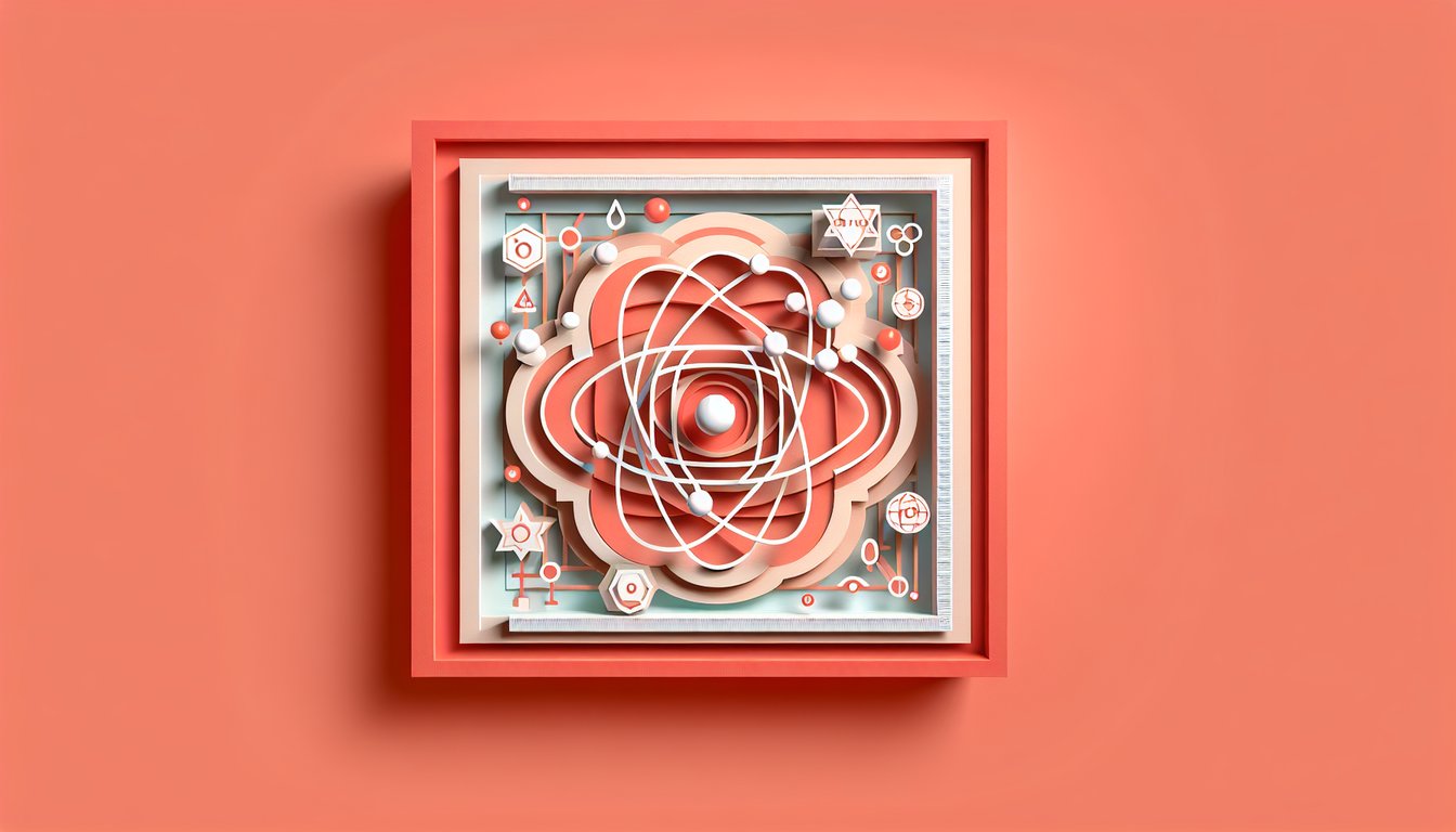 Paper cutout style periodic table blocks, electrons orbiting nucleus, quiz theme art on coral background