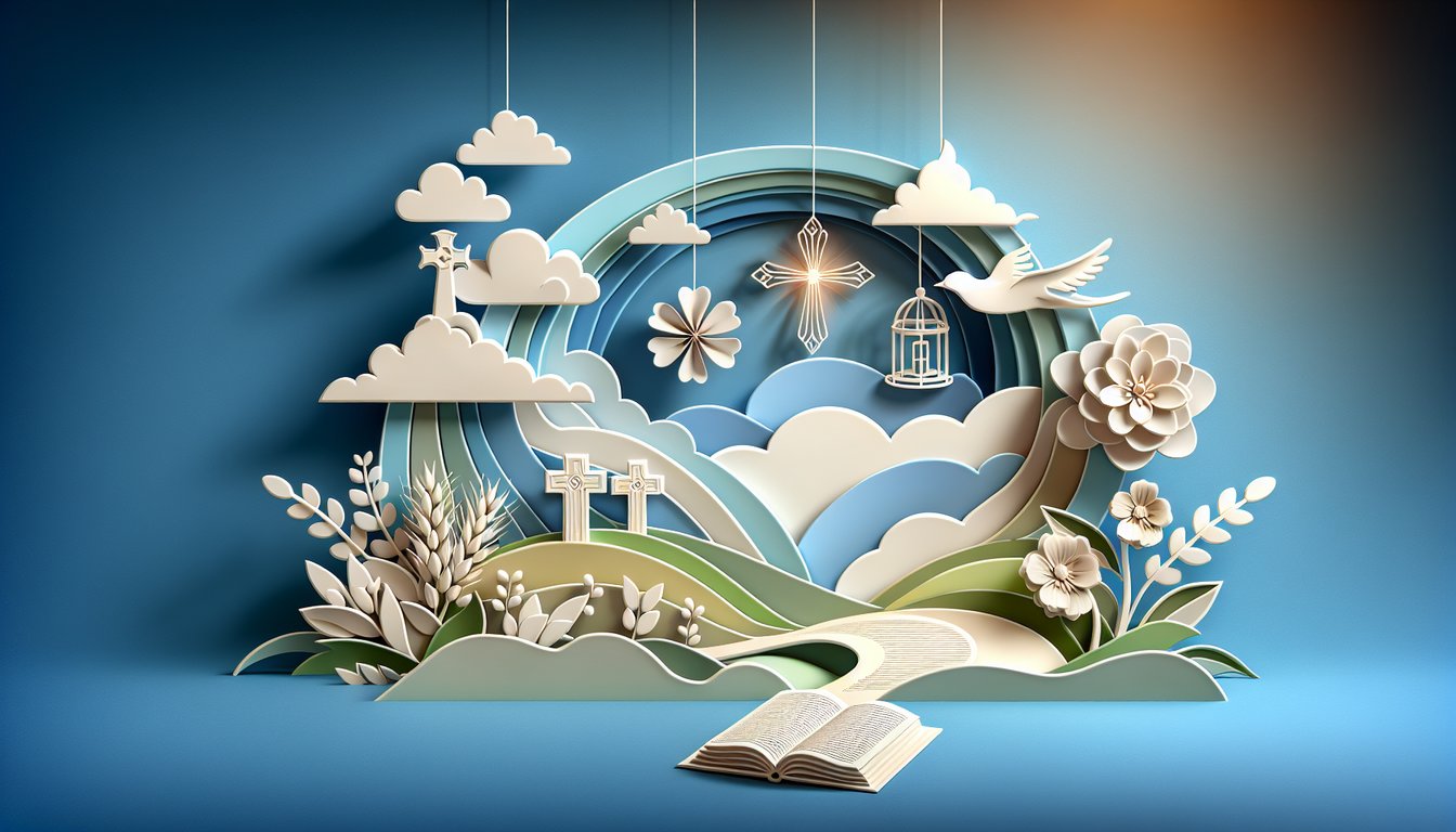 Paper art layered steps leading to a cross on a sky blue background symbolizing a faith journey quiz.