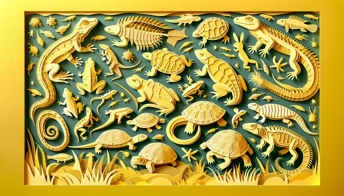 Paper art illustration of frog turtle lizard insect shapes on golden yellow background for vertebrates vs invertebrates quiz