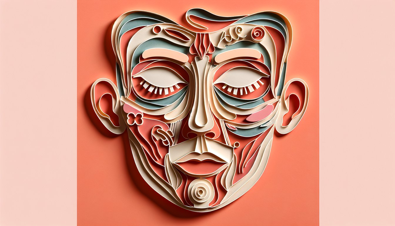 Paper art illustration for facial muscle labeling quiz on a coral background