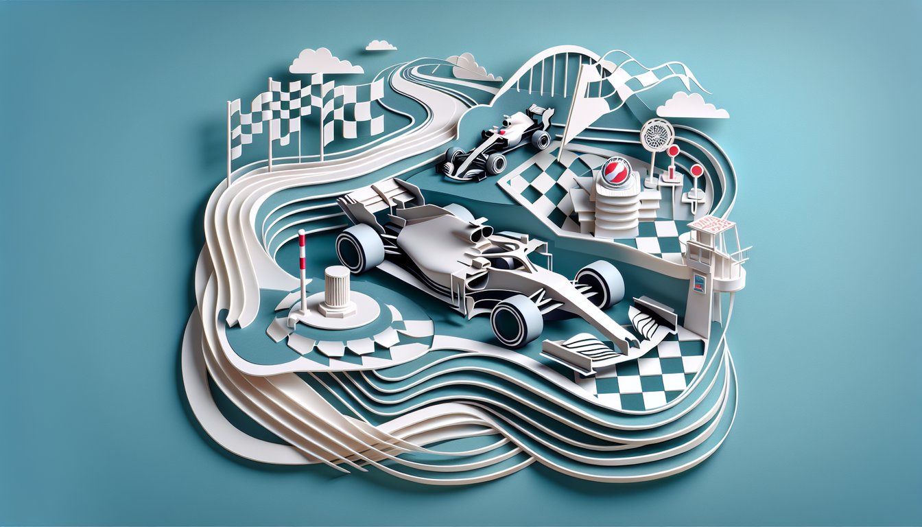 Paper art illustration of racing helmet steering wheel and checkered flag on sky blue background for free F1 driver quiz