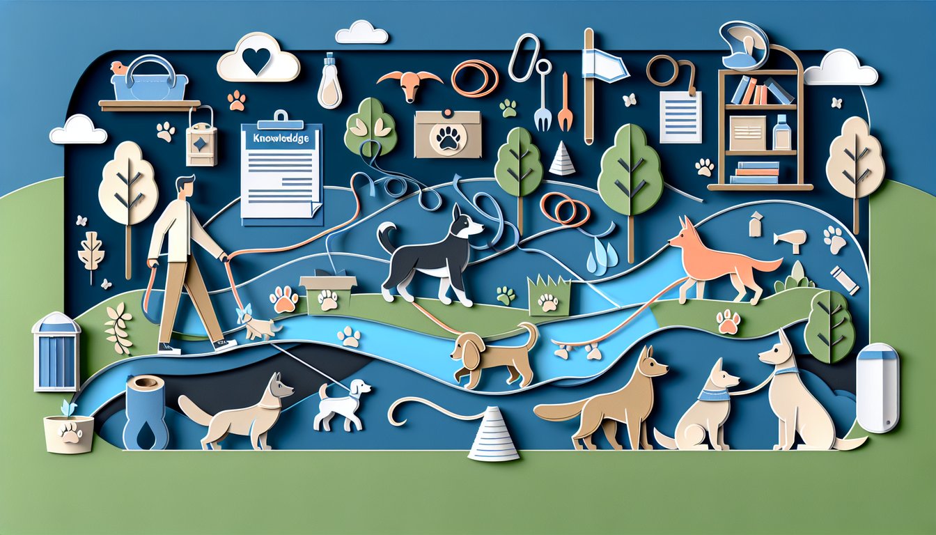 Colorful paper art depicting a trivia quiz on Dog Walker Knowledge Assessment