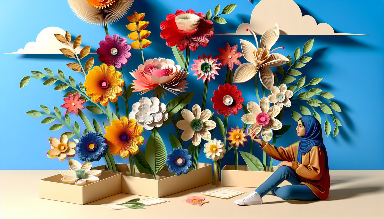 Paper art illustration for a flower personality quiz on a sky blue background