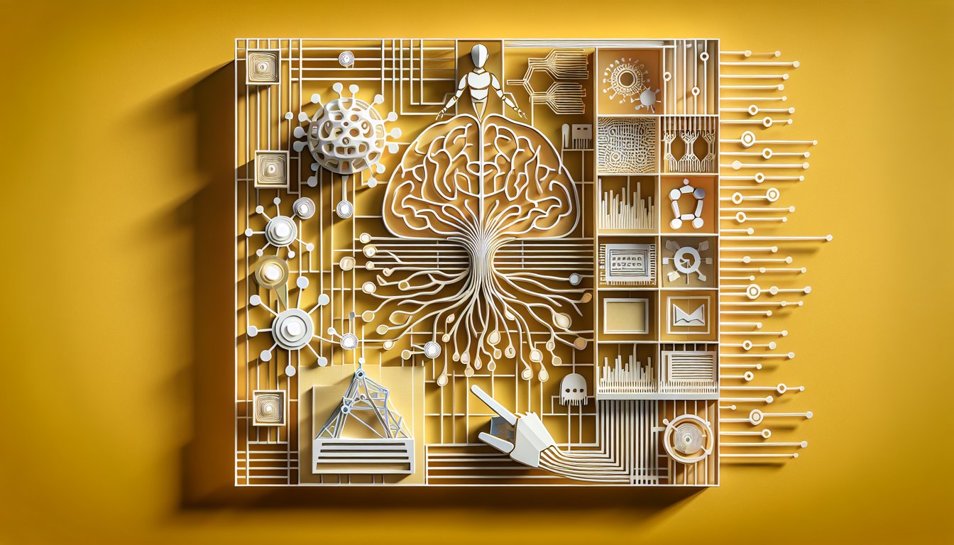 Paper art illustration for AI themed quiz on a golden yellow background