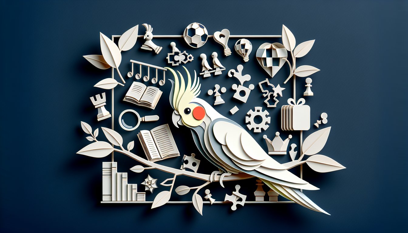 Paper art cockatiel head on dark blue background quiz banner hinting at intelligence challenge
