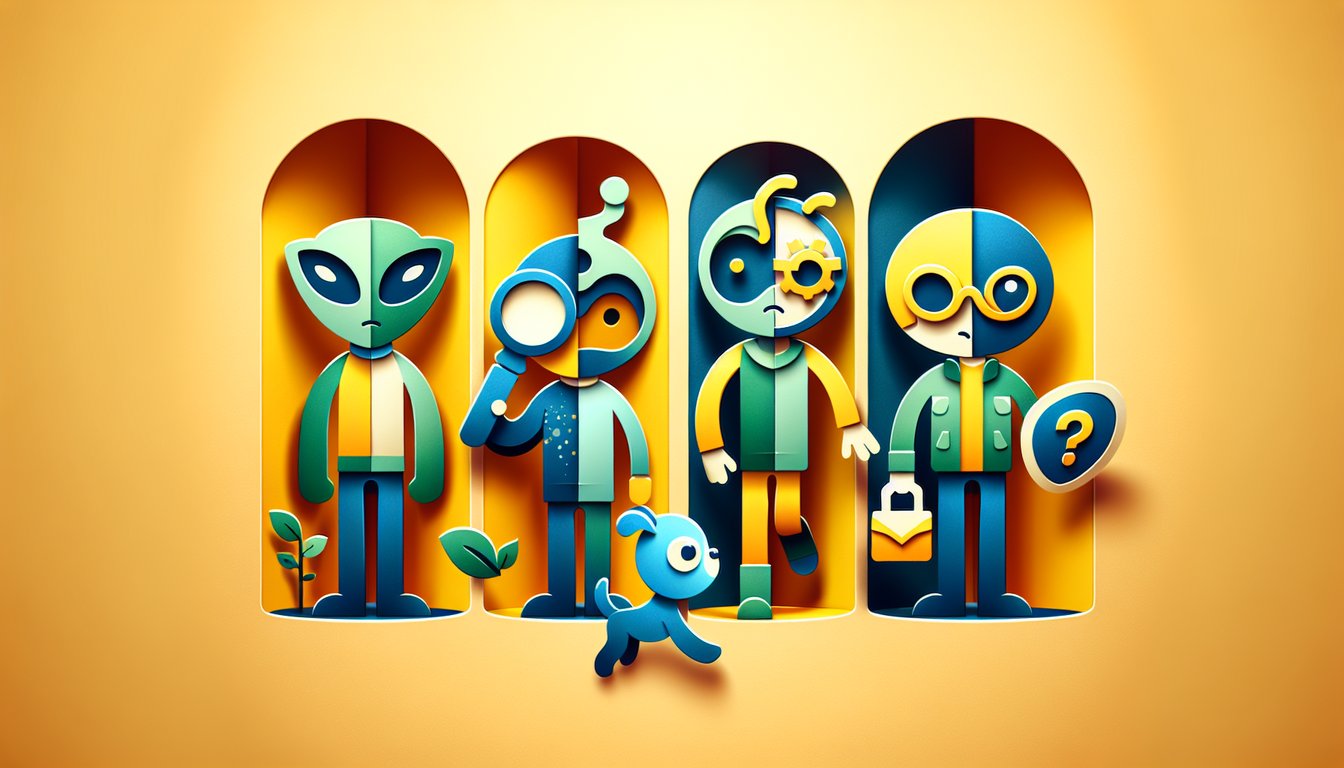 Paper art illustration for Invader Zim character personality quiz on golden yellow background