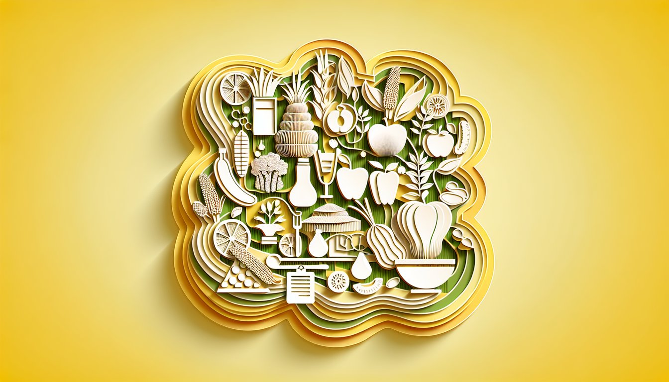 Paper art quiz layout on golden yellow background with scale, fork, heart and warning icons prompting eating assessment
