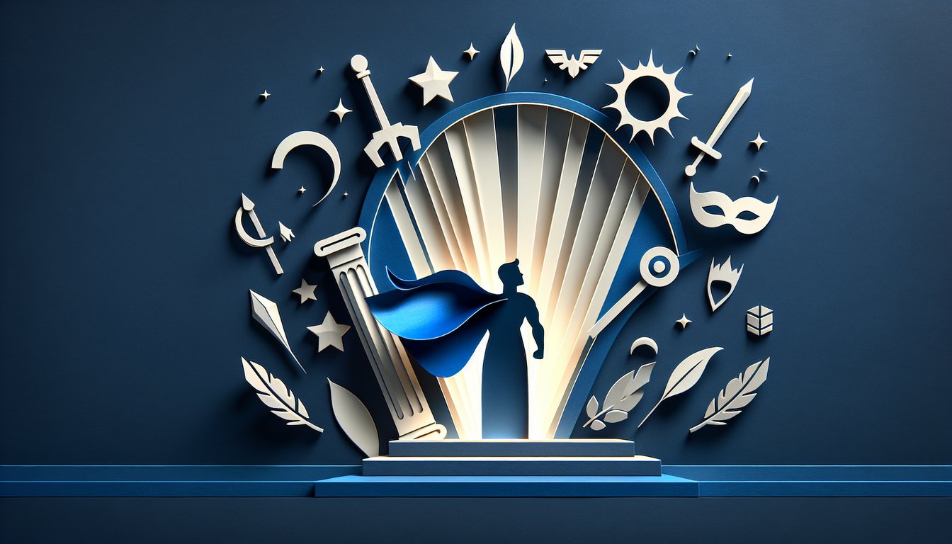 Paper art illustration for hero quiz featuring layered paper sword shield stars on dark blue background.