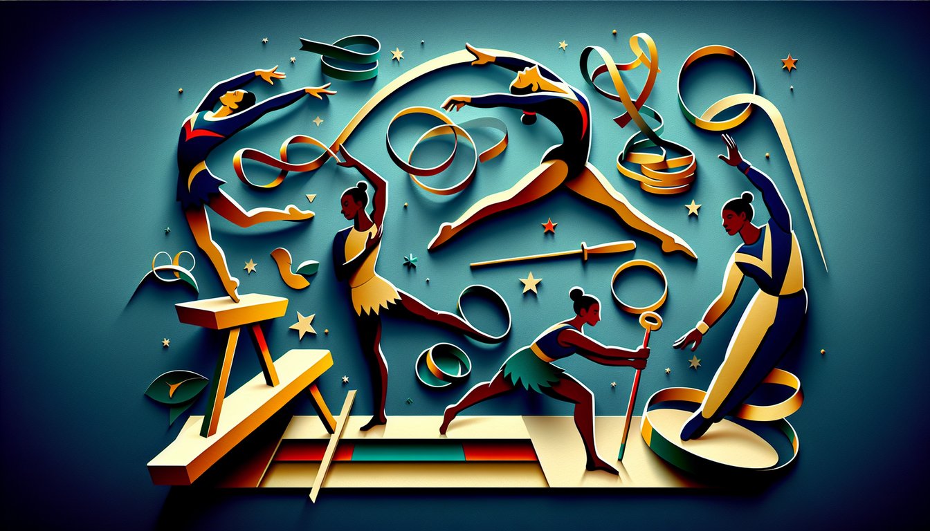 Paper art illustration for gymnastics quiz on dark blue background
