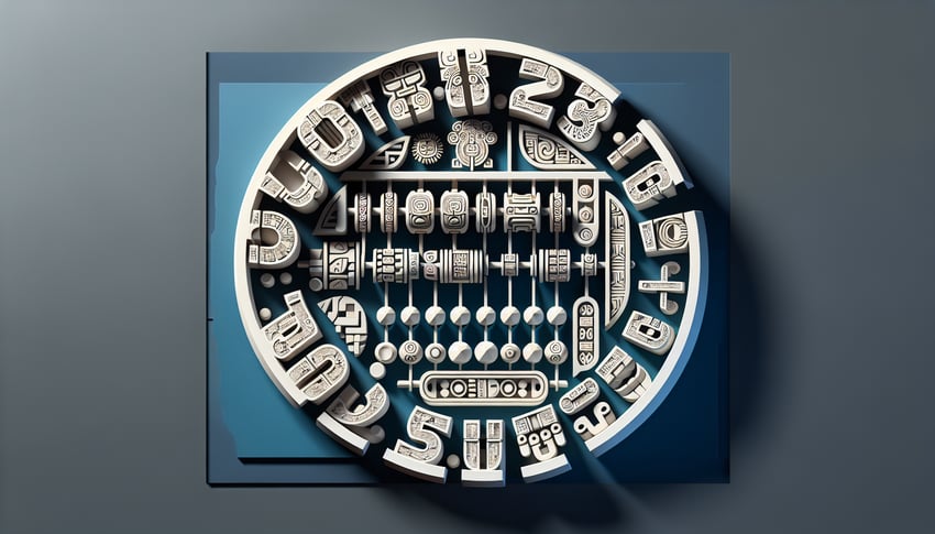 Paper art style Mayan numerals and symbols on dark blue background inviting free ancient number conversion quiz