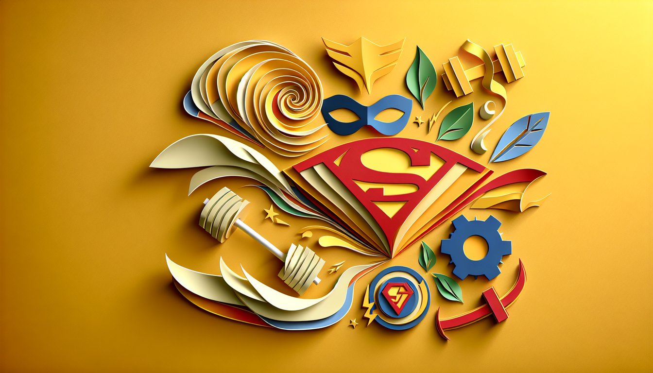 Paper art illustration with superhero mask lightning bolt on golden yellow background for hero name quiz
