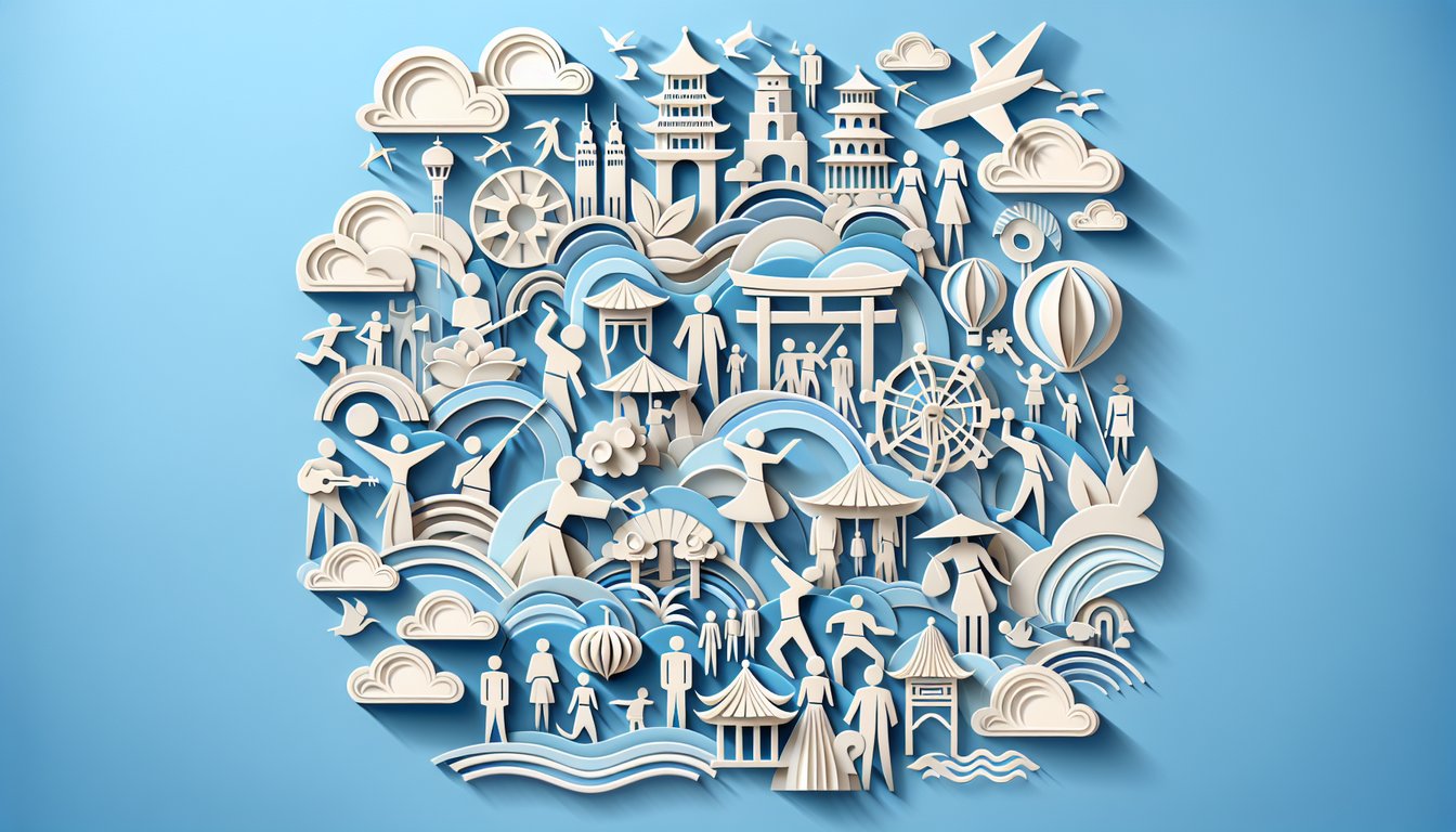 Paper art illustration showing quiz interface with iconic figures to sort as Jew or not on sky blue background