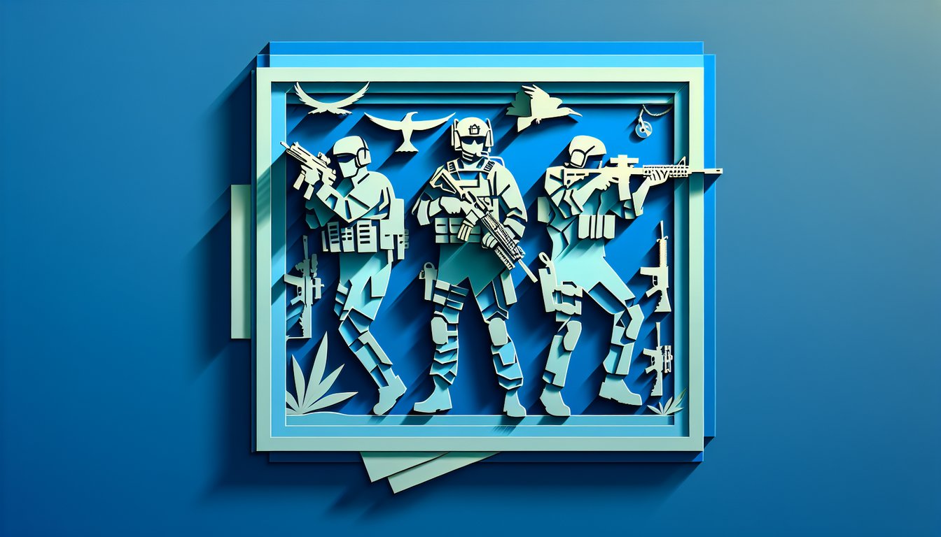 sky blue background with paper cutout icons of a sniper scope, running soldier, and tactical chess map for personality quiz