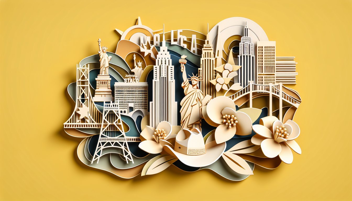 Paper art illustration with speech bubbles and US map outlines on golden yellow background for American accent quiz