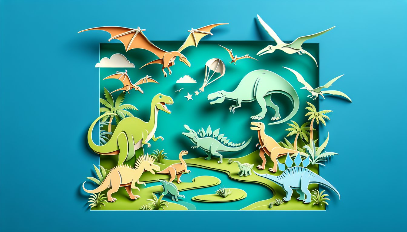 Paper art dinosaurs on teal background for Land Before Time trivia quiz discover your prehistoric dino match