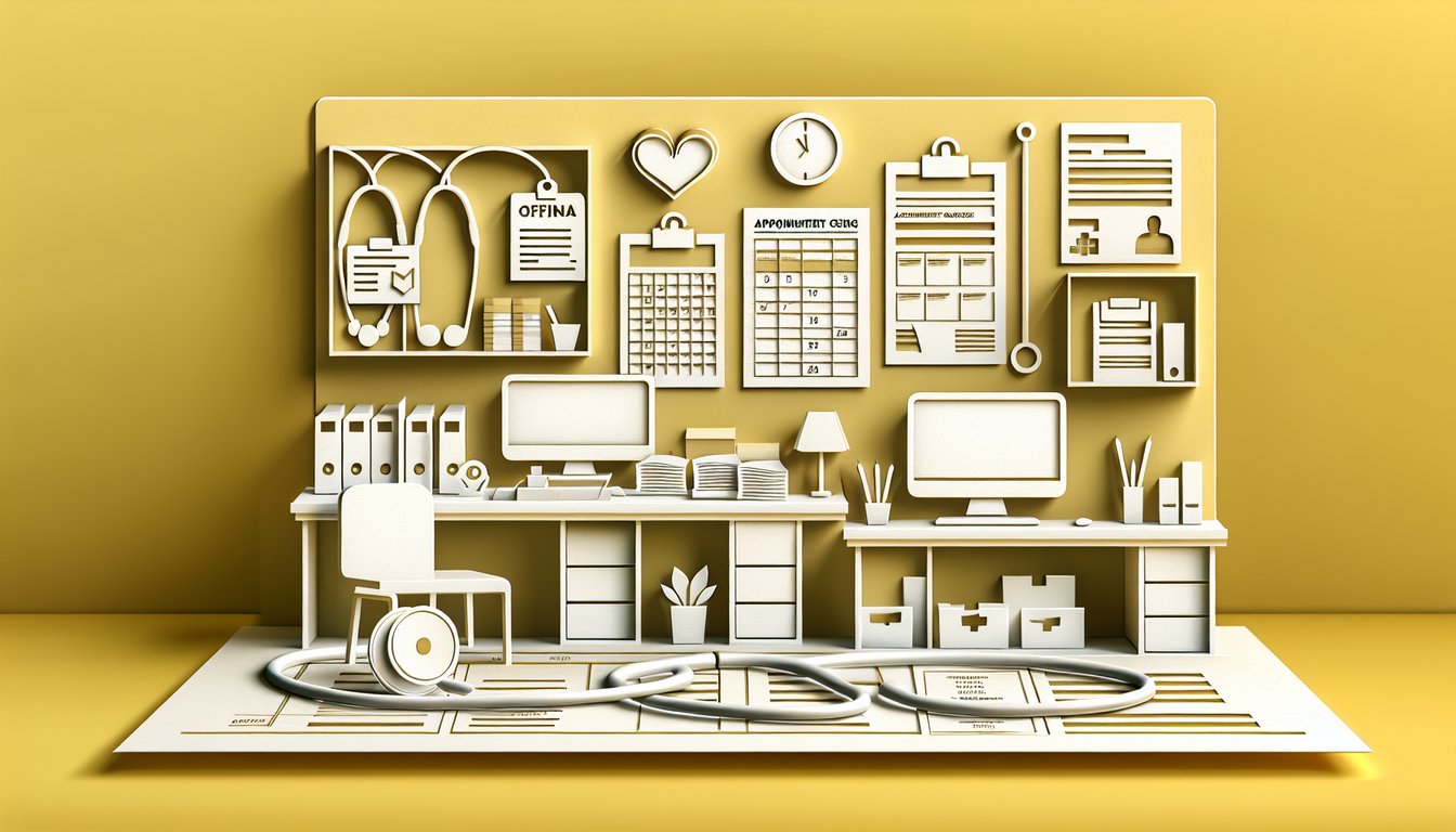 Paper art quiz medical admin assistant with calendar billing charts office supplies on golden yellow background