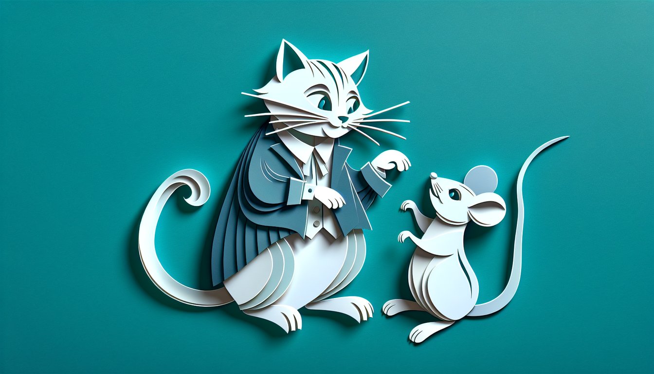Paper art Tom and Jerry quiz on teal background showing playful cutouts of a cunning cat and clever mouse