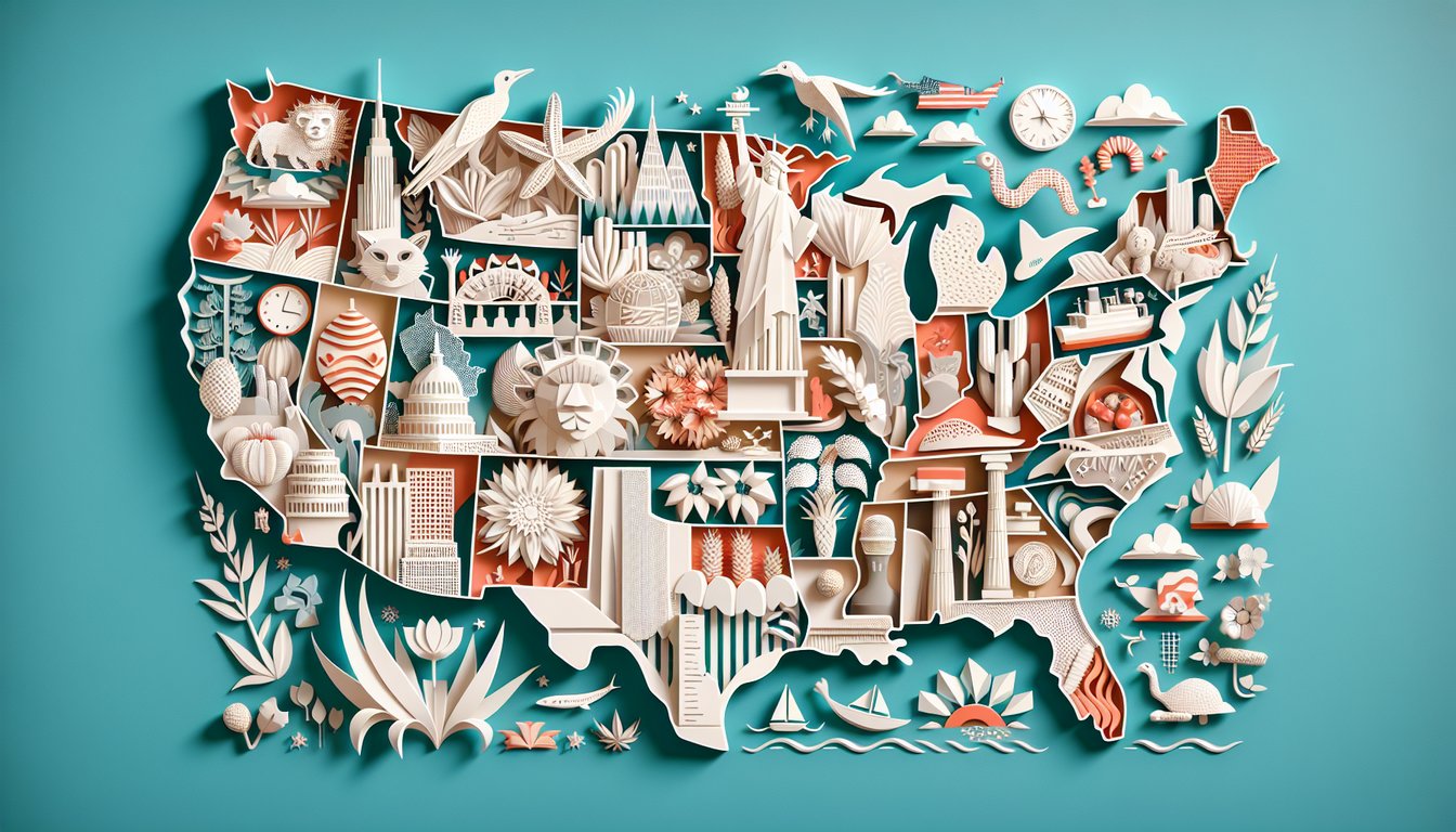 Paper art illustration for personality-based US state matching quiz on teal background