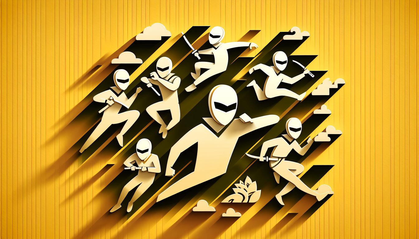 Paper art illustration of Akatsuki ninja figures and quiz heading on golden yellow background