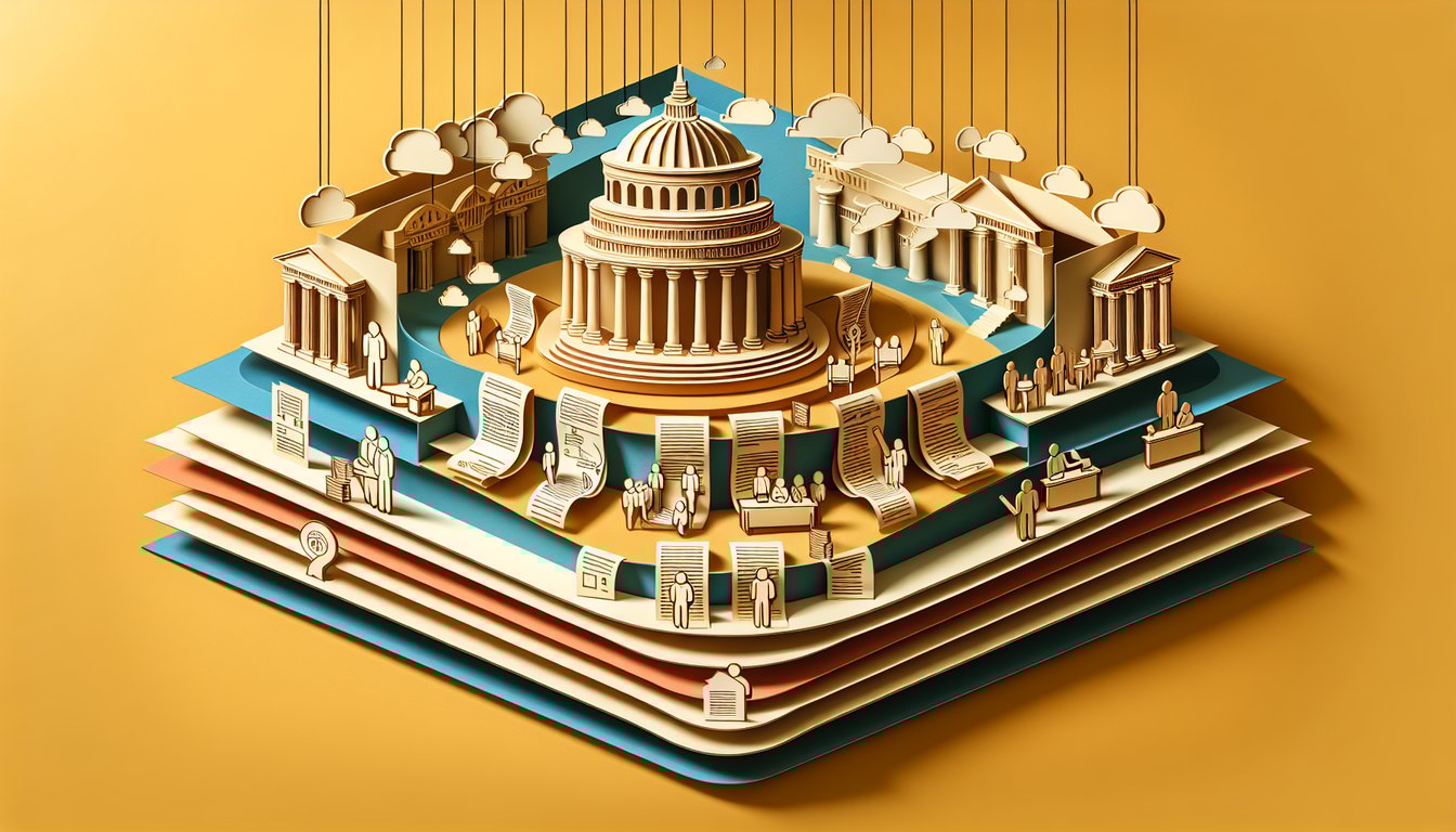 Paper art scene with Capitol dome gavel stacked papers arrows legislative quiz icons on golden yellow background