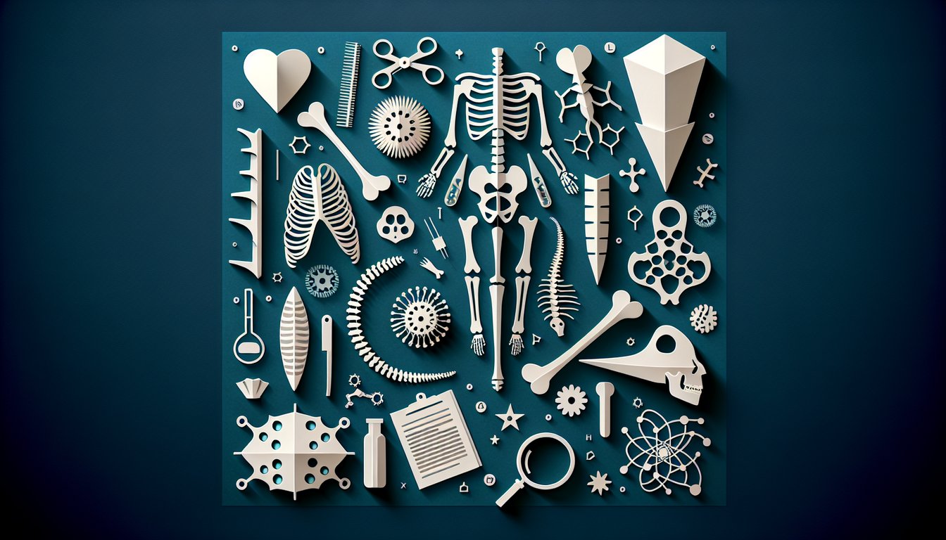 Paper art illustrating a trivia quiz on axial and appendicular skeletal structures for biology students.