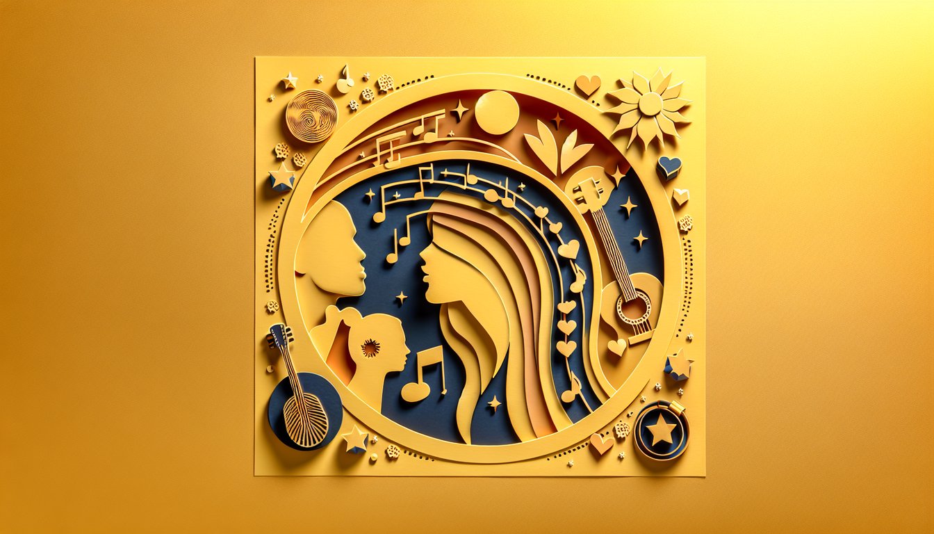 paper art for Katy Perry song quiz features playful paper microphone sparkler crown on golden yellow background