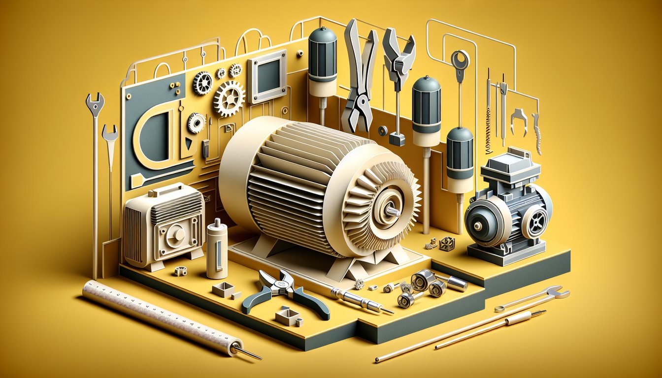 paper art illustration of three-phase motor quiz with coil diagram and gears on golden yellow background
