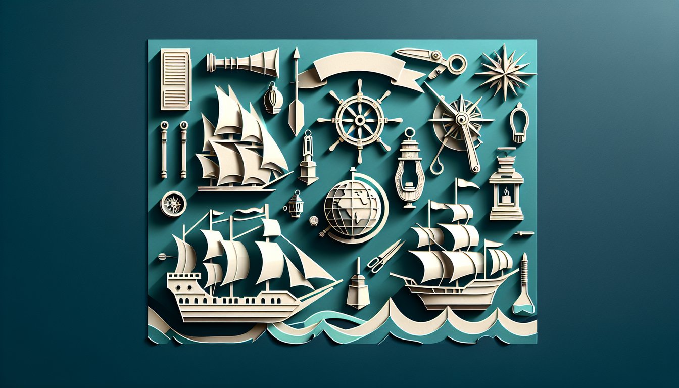 Paper cutout style sailing ship globe quill and question mark on teal background for Christopher Columbus trivia quiz