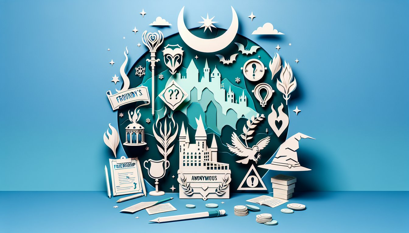 paper art illustration of enchanted castle school books wand owl on teal background promoting Hogwarts best friend quiz