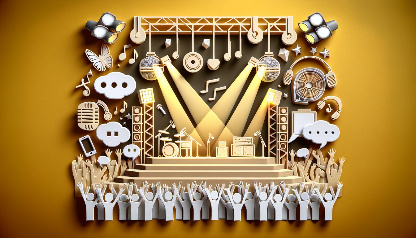 Paper art quiz banner with Justin Bieber silhouette, chat bubbles, microphone, music notes on golden yellow background