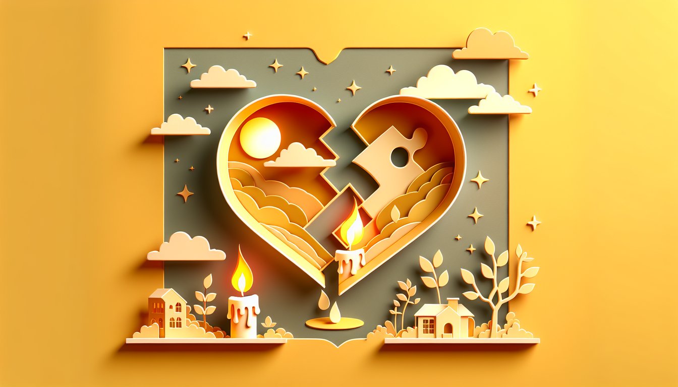 paper art illustration heart envelope arrow romance quiz ex boyfriend recovery on golden yellow background