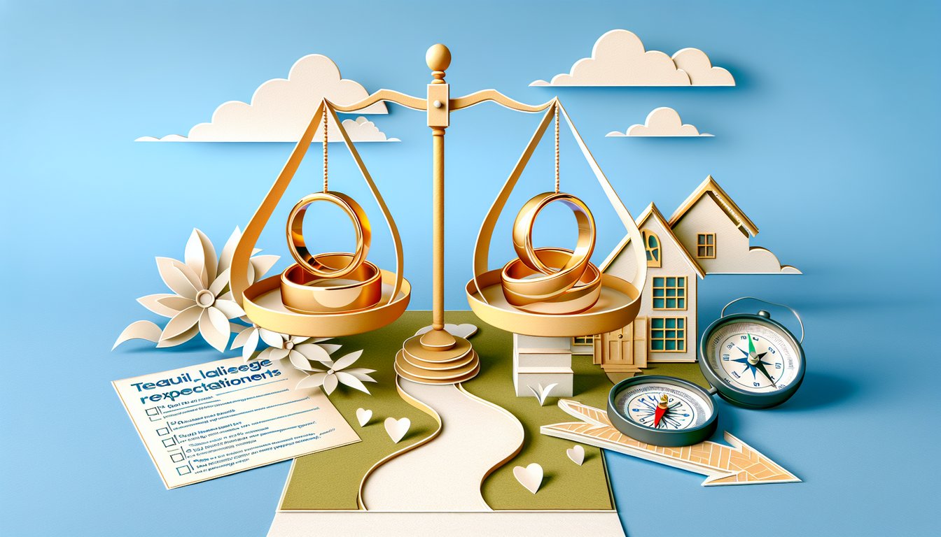 Paper art illustration showing couple balancing wedding rings on seesaw against sky blue backdrop.