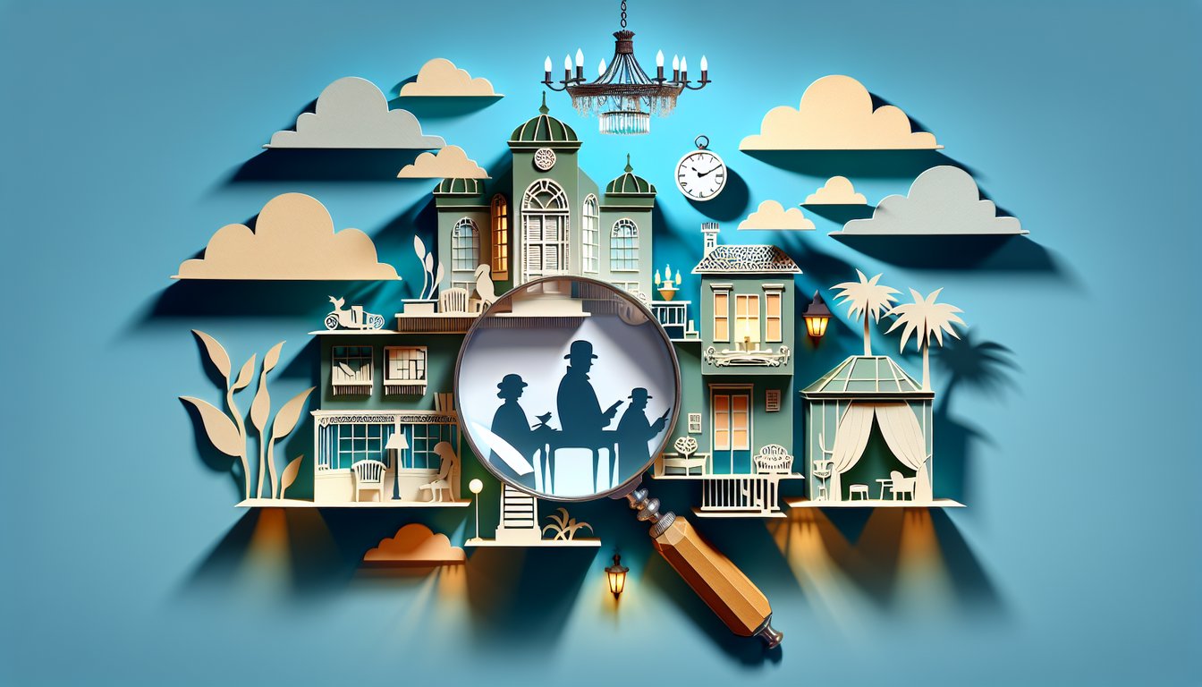 Paper art suspect silhouettes numbered tokens sky blue background for AND THEN THERE WERE NONE quiz