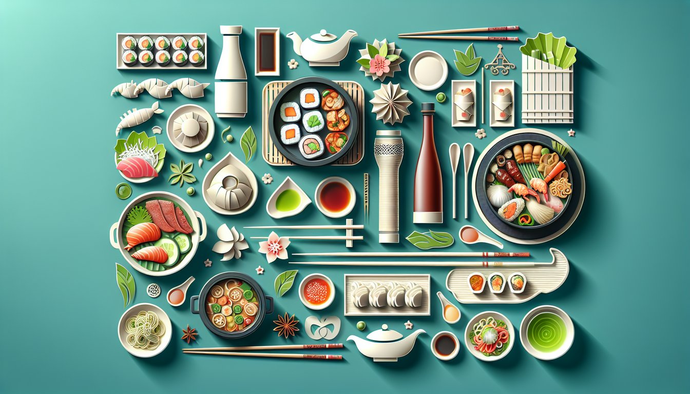 Paper art collage of Asian dishes, spices and ingredients on teal background with quiz prompt to test your knowledge