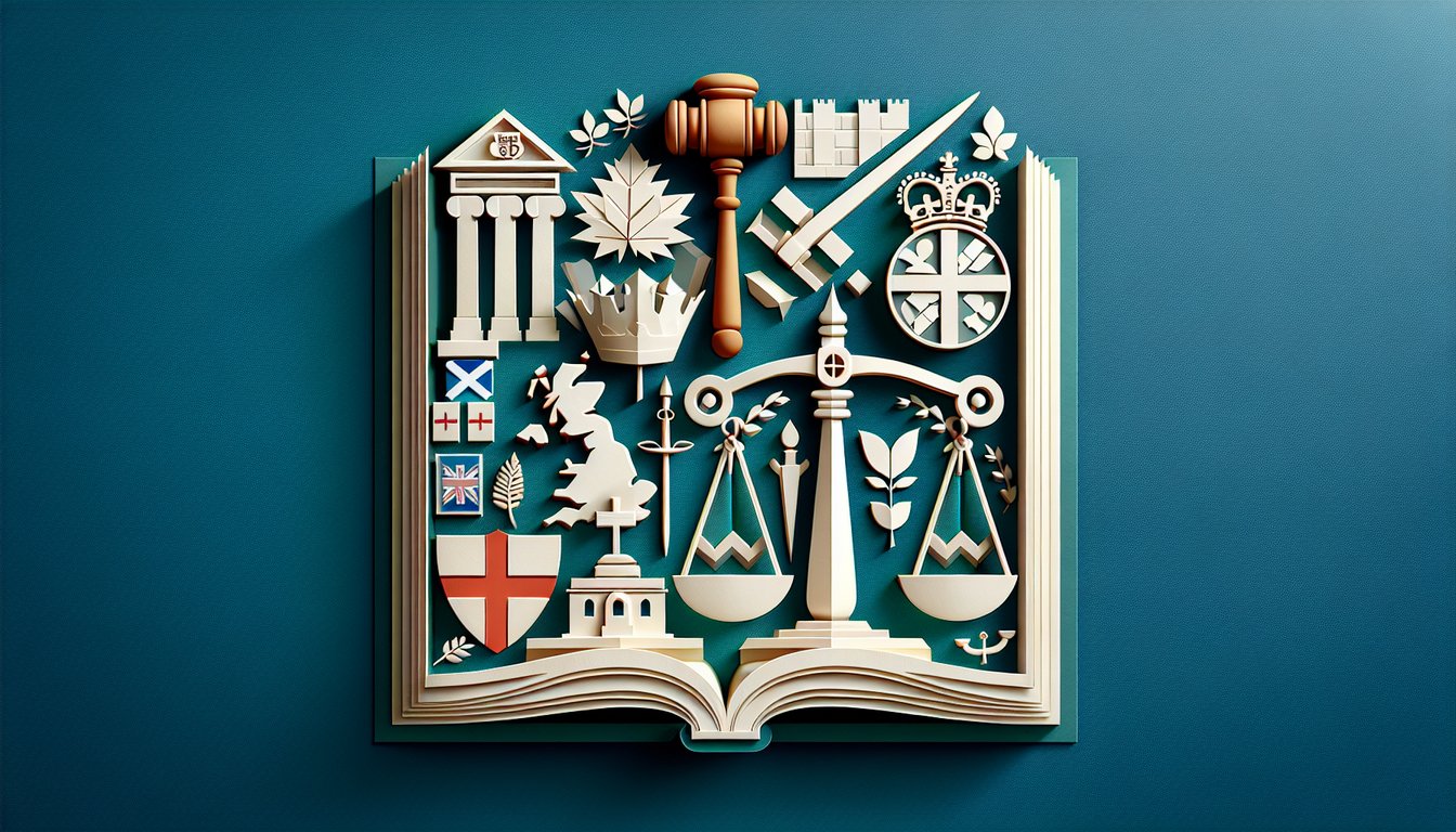 Paper art scales of justice gavel on teal background free UK law quiz English Scots Northern Ireland legal systems