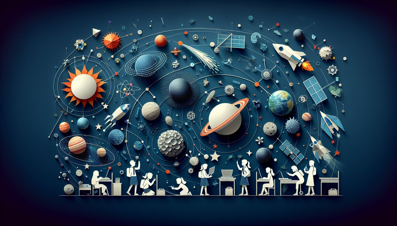 Middle school students engaged in a vibrant, paper art themed Solar System trivia quiz.